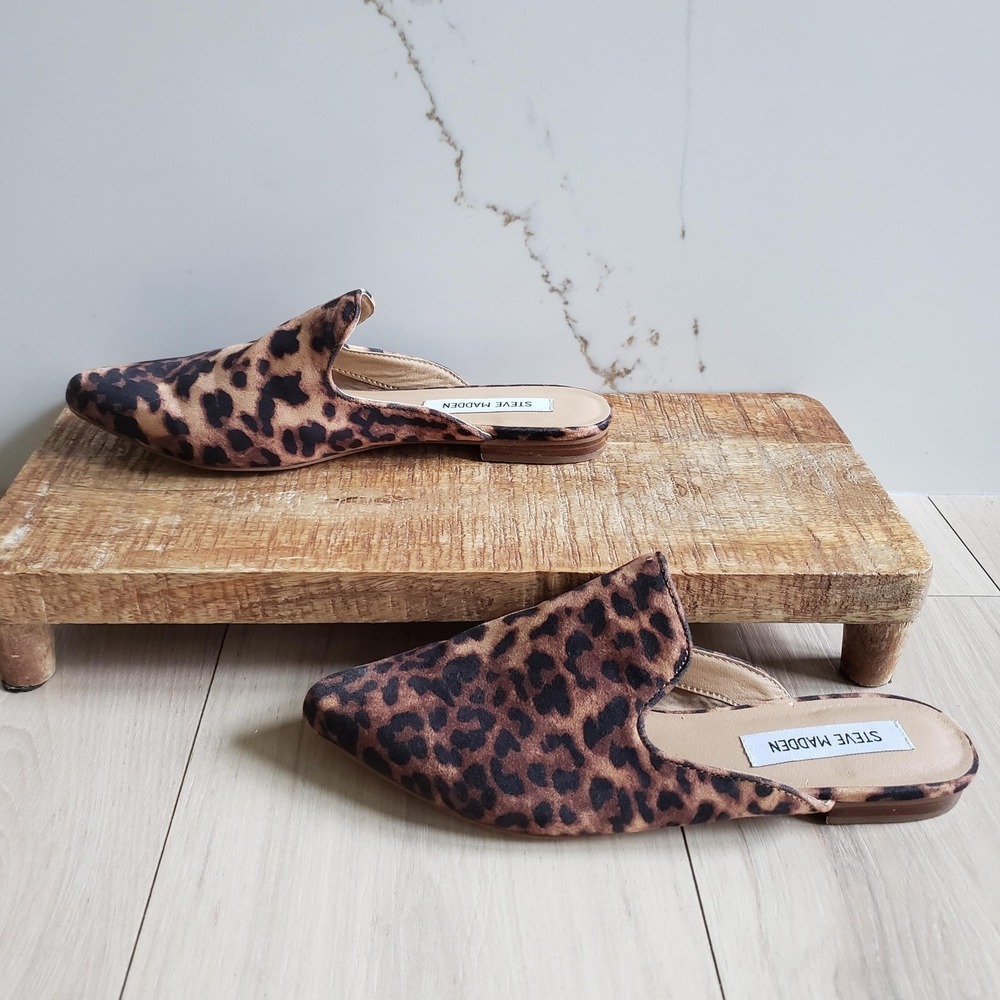 Steve Madden Slides Womens 8.5 Brown Leopard Print Pointed Toe Flats Slip On